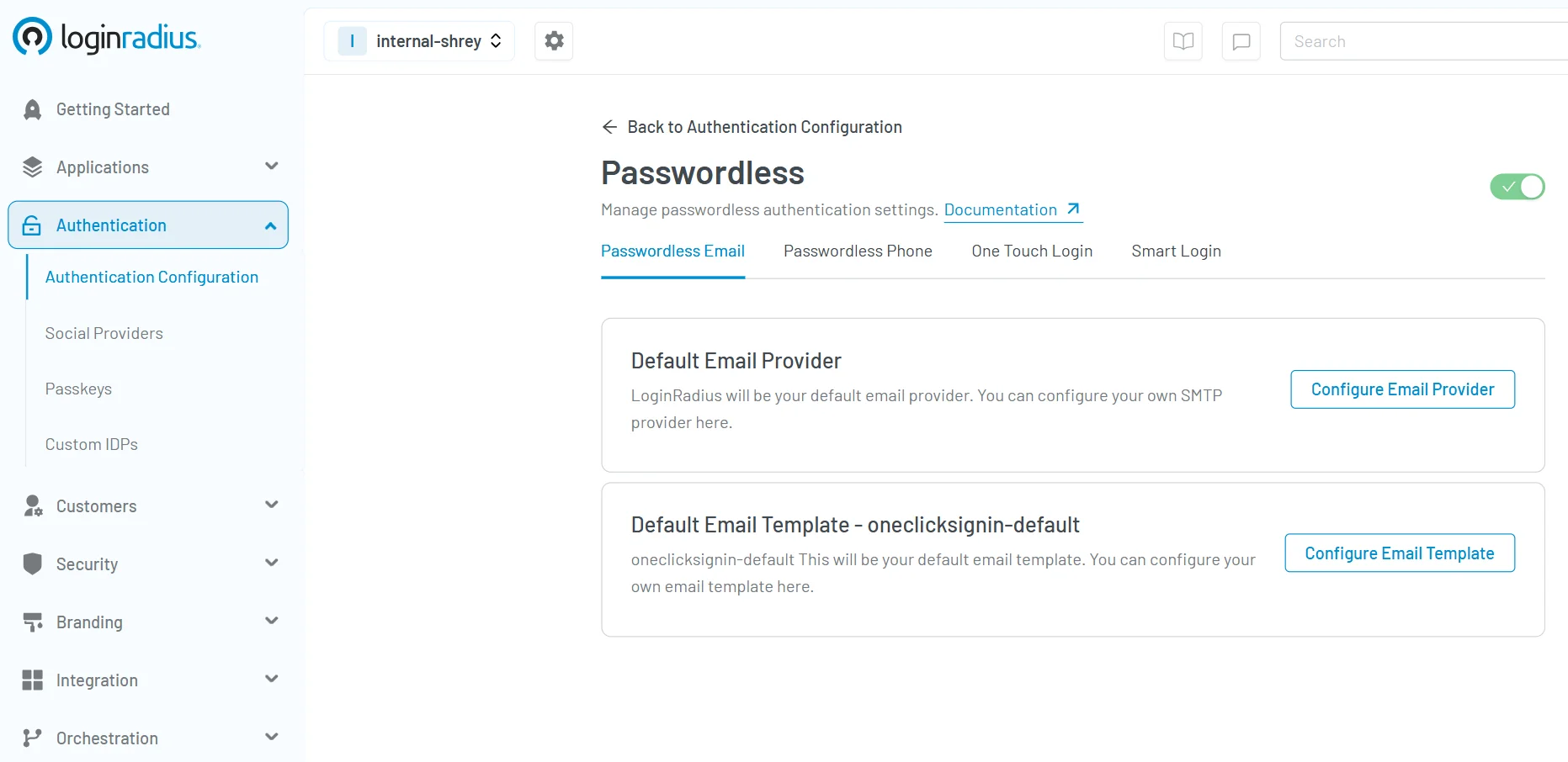 Illustration showing LoginRadius console showing passwordless authentication configuration with default email provider along with default email template configuration.