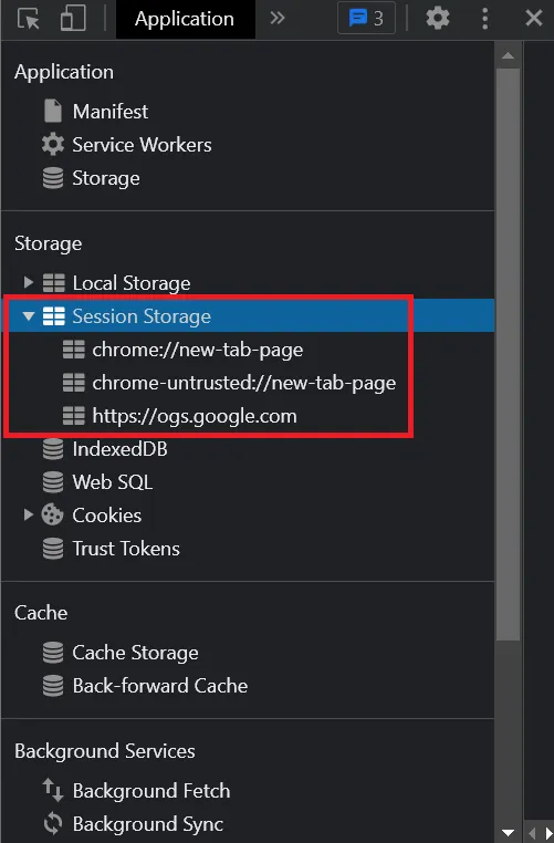 Session Storage Section Screenshot