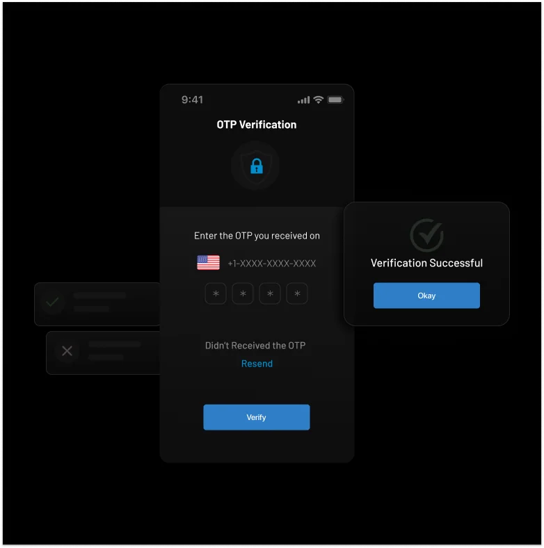 OTP verification screen displaying a secure login process via SMS. User enters a one-time password (OTP) sent to a masked phone number. A 'Verification Successful' message confirms authentication.