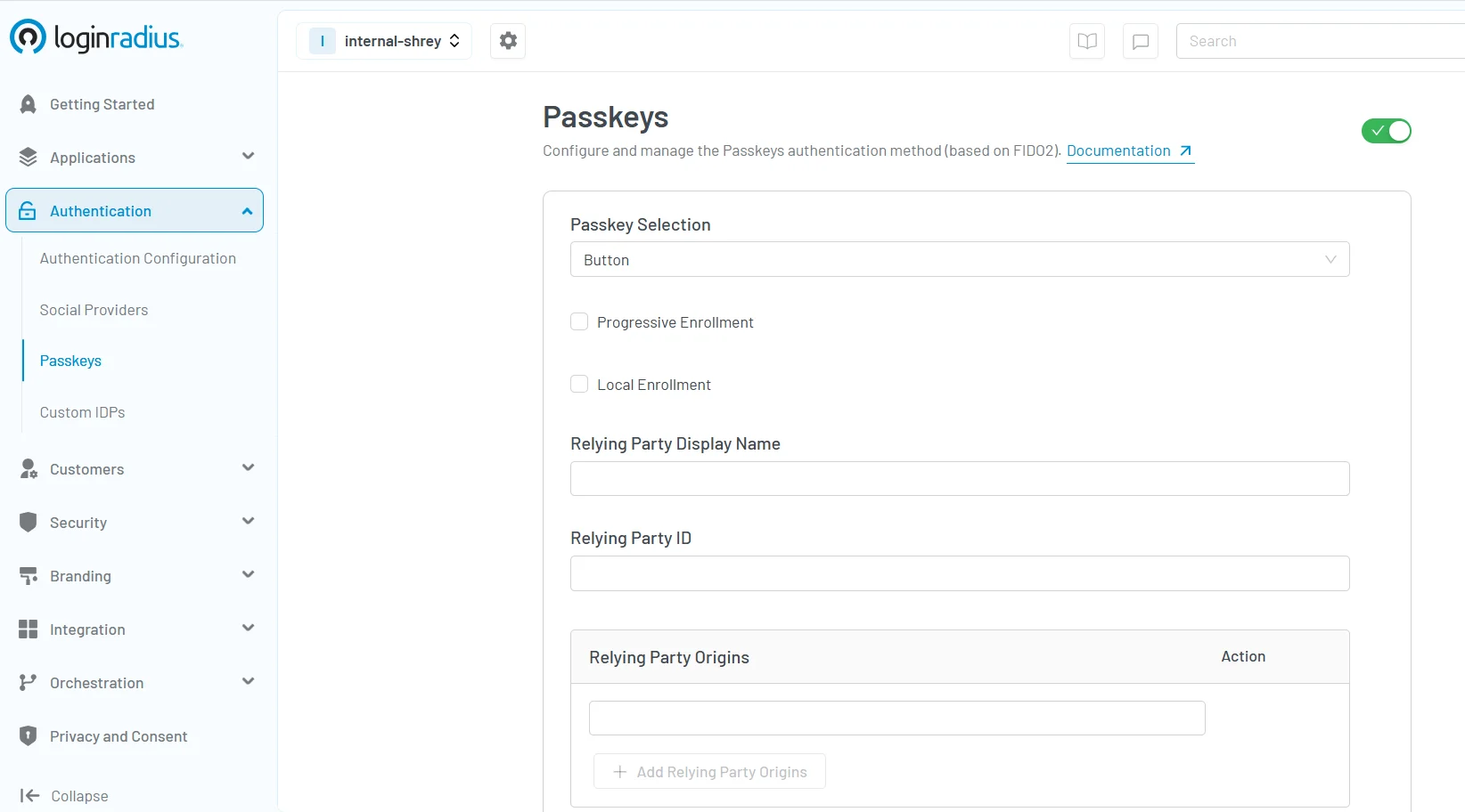 Illustration showing LoginRadius console showing passkeys configuration with passkey selection with progressive enrollment and local enrollment along with relying party configuration.