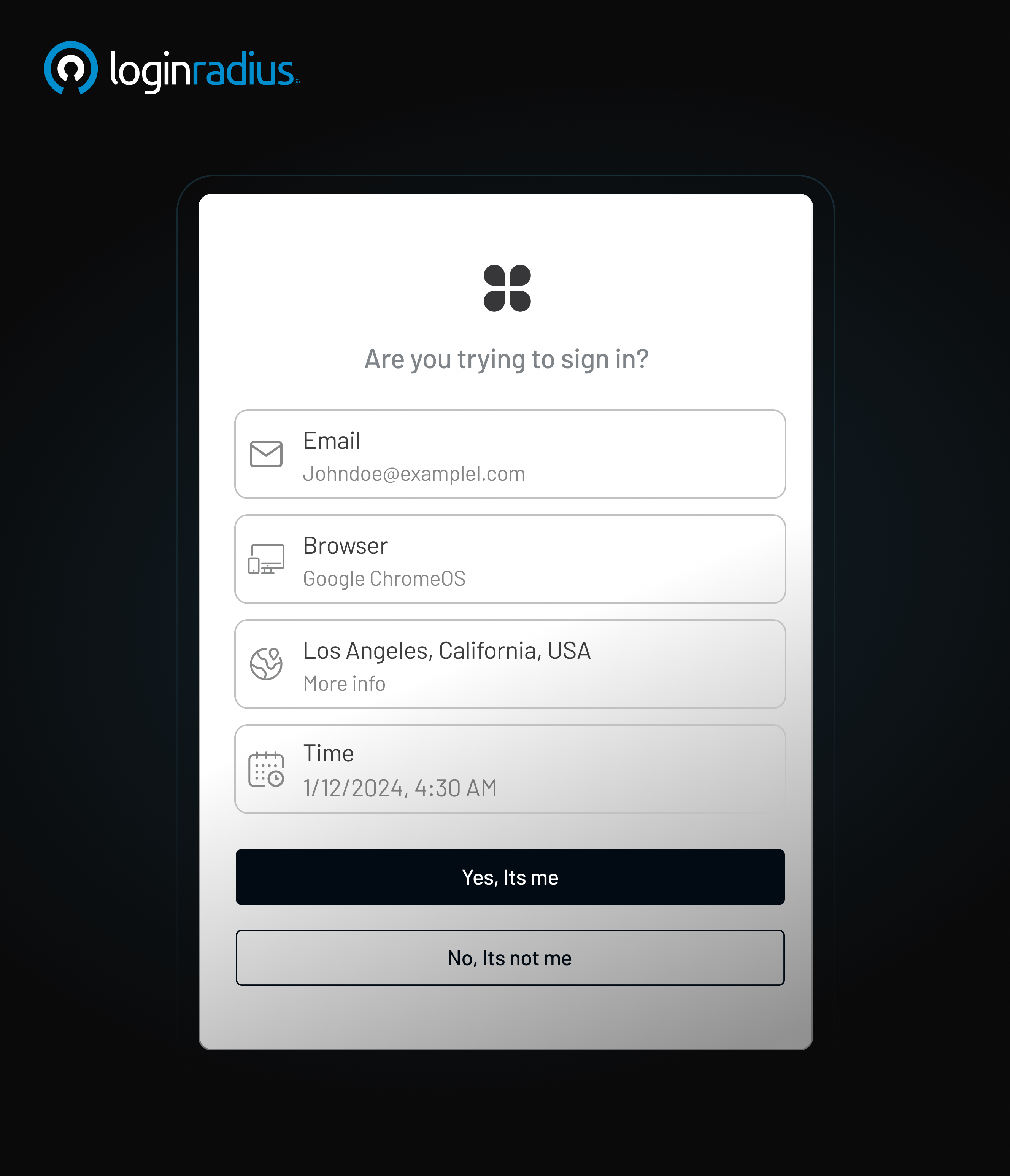 Push-notification authentication screen displaying login attempt details, including email, browser, location, and time for user verification.