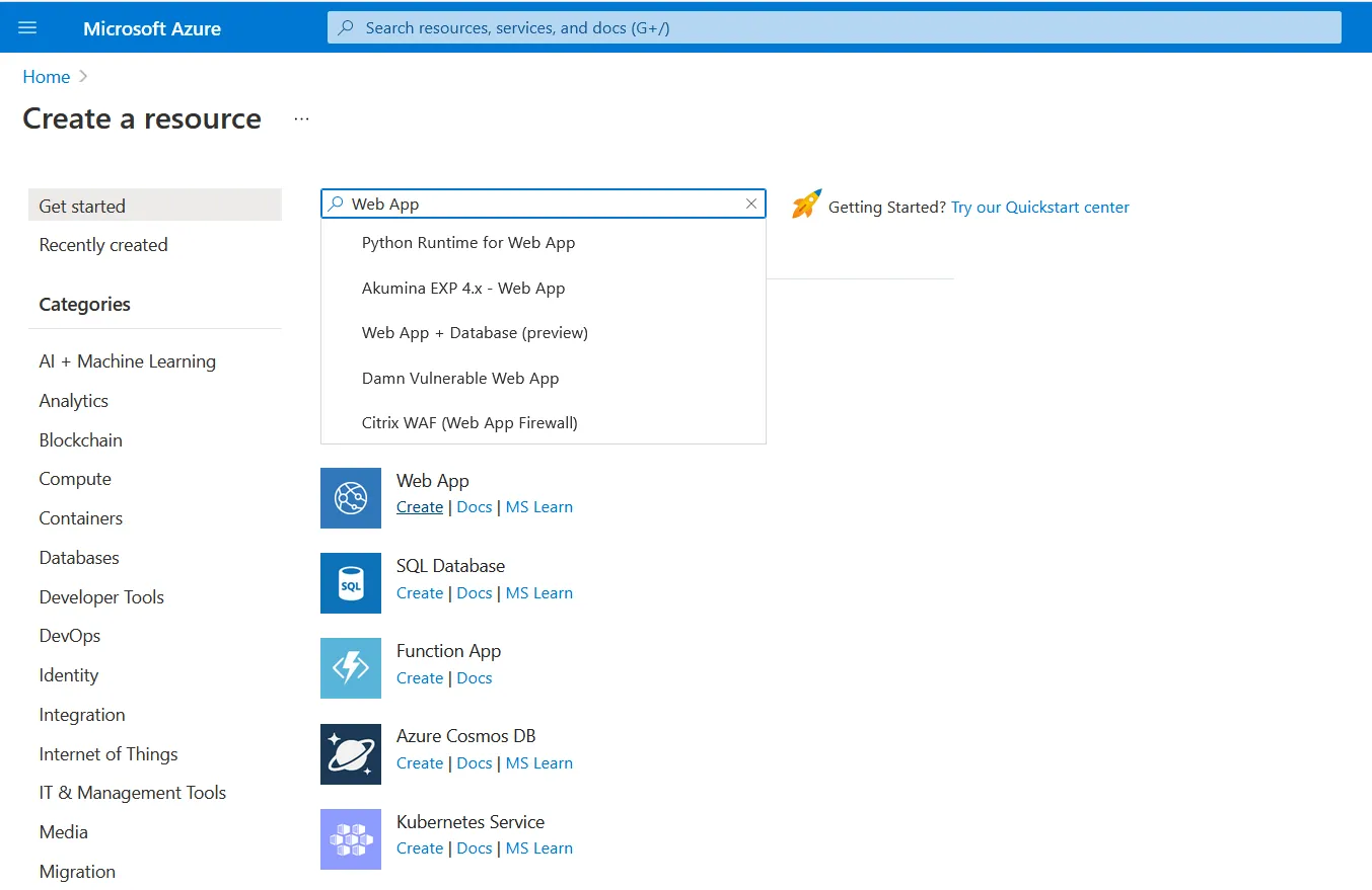 Create a new resource in Azure