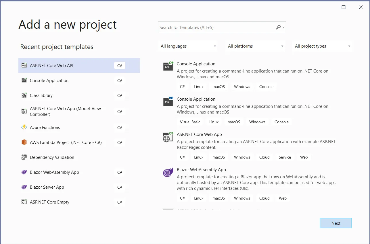 Create a new project in Visual Studio