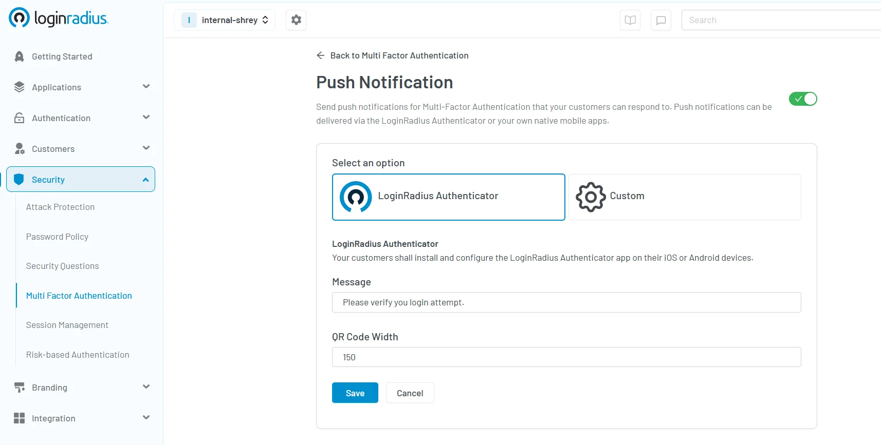 Illustration showing LoginRadius console showing push notification mfa configuration with loginradius authenticator and custom authenticator option.