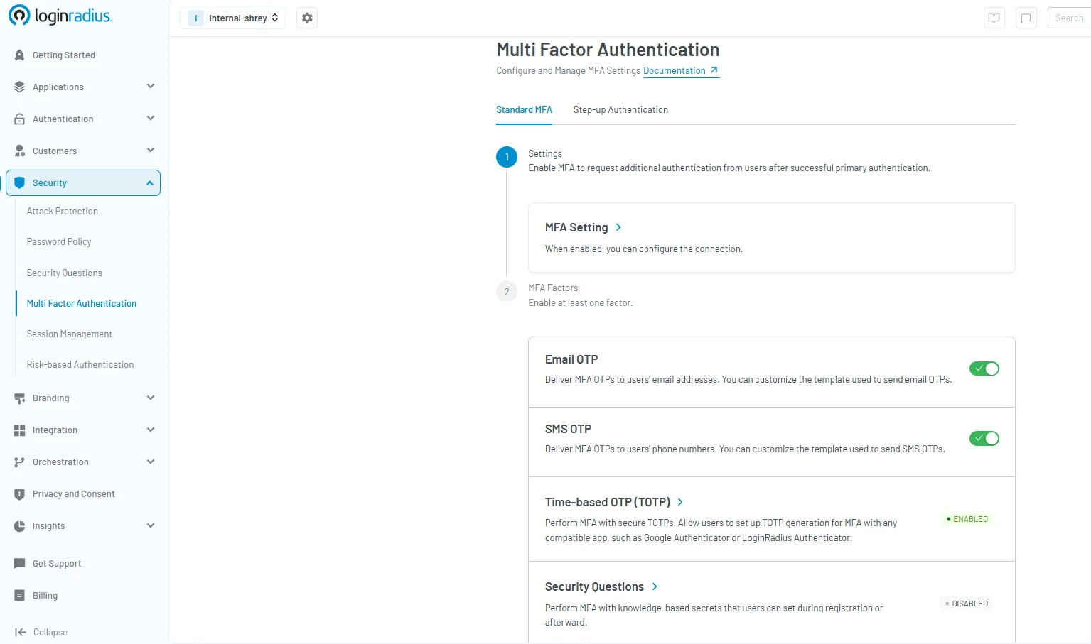 Illustration showing LoginRadius console showing multi factor authentication settings with mfa factors options, including email otp, sms otp, time-based otp (totp), and security questions configuration.