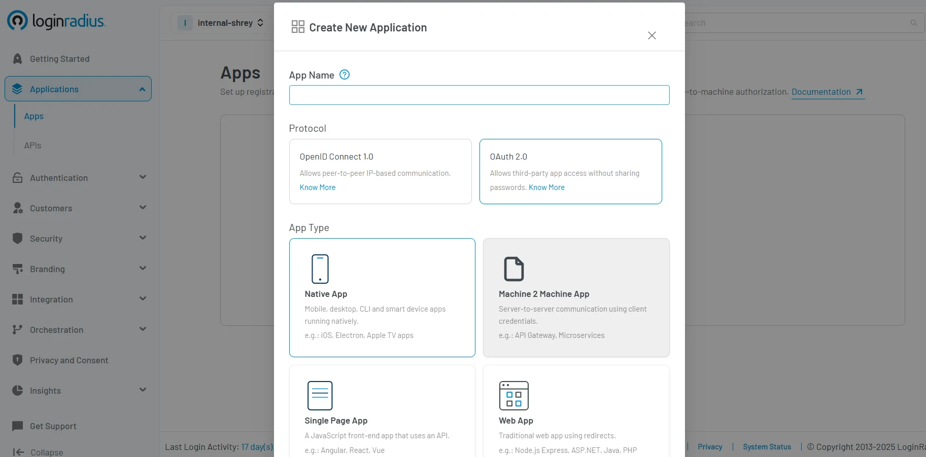 LoginRadius dashboard showing the interface to create a new application with OAuth 2.0 or OpenID Connect and various app types.