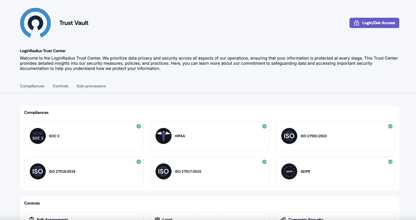 Screenshot of the LoginRadius Trust Center