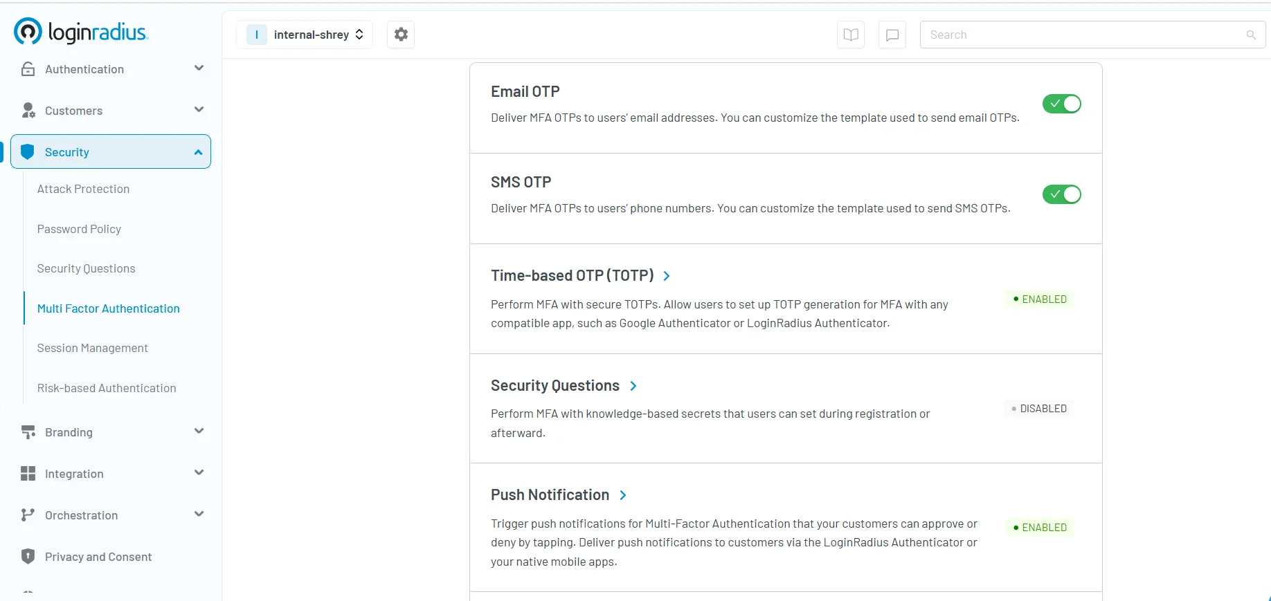 LoginRadius admin console showing OTP authentication options including Email OTP, SMS OTP, TOTP, Security Questions, and Push Notification for Multi-Factor Authentication.