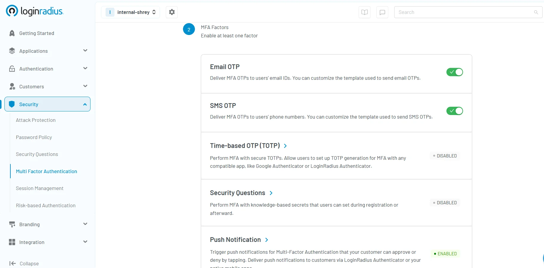 Screenshot of LoginRadius admin console showing MFA factors configuration including Email OTP, SMS OTP, TOTP, security questions, and push notifications.