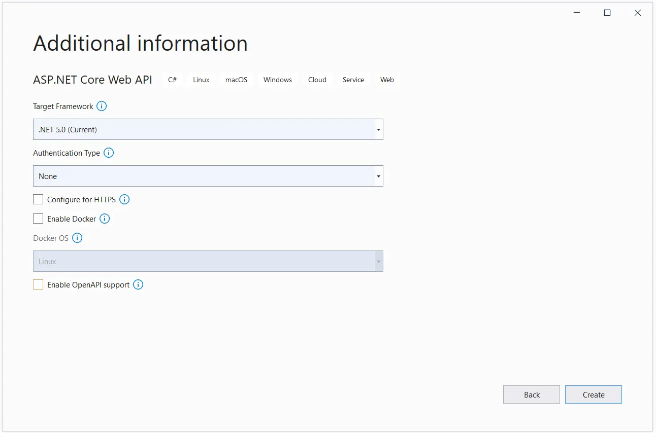 Specify additional information for the new ASP.NET Core 5 project