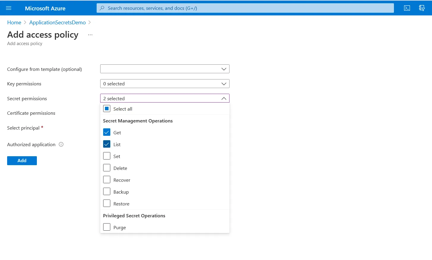 Add Access Policy for the Key Vault