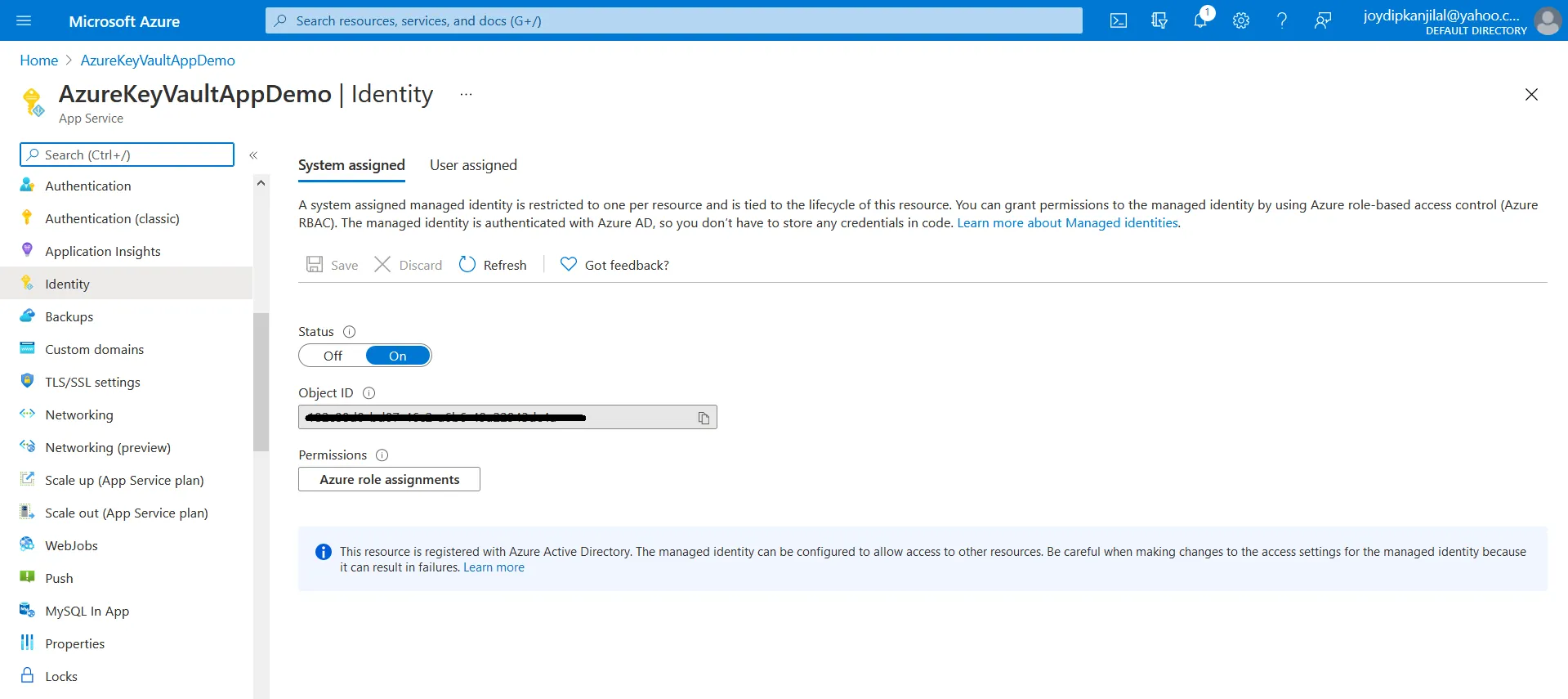 Enable Managed Service Identity for your Web App