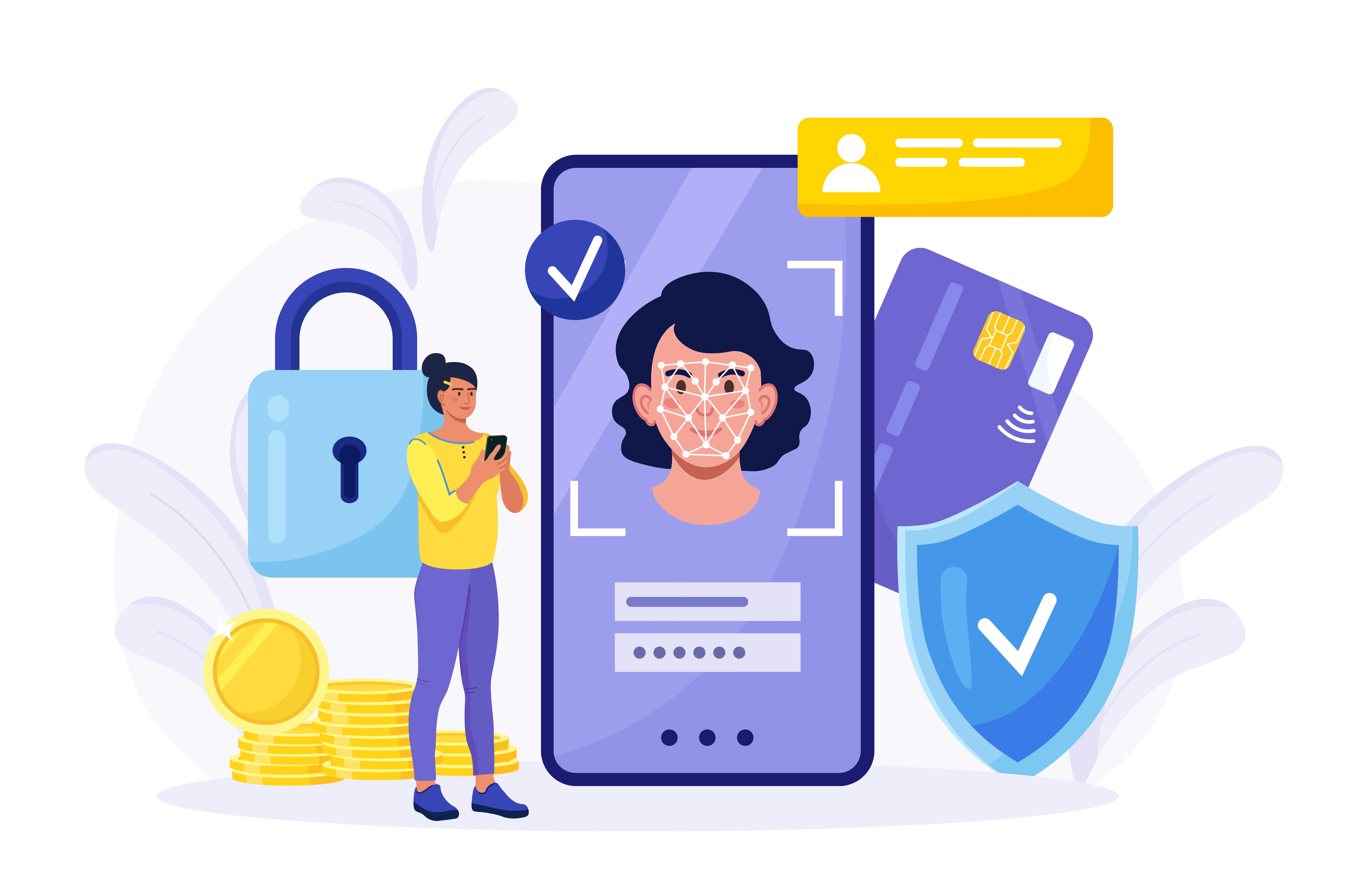 Illustration depicting a user trying to prove their identity through passwords and facial recognition to get access to an account.