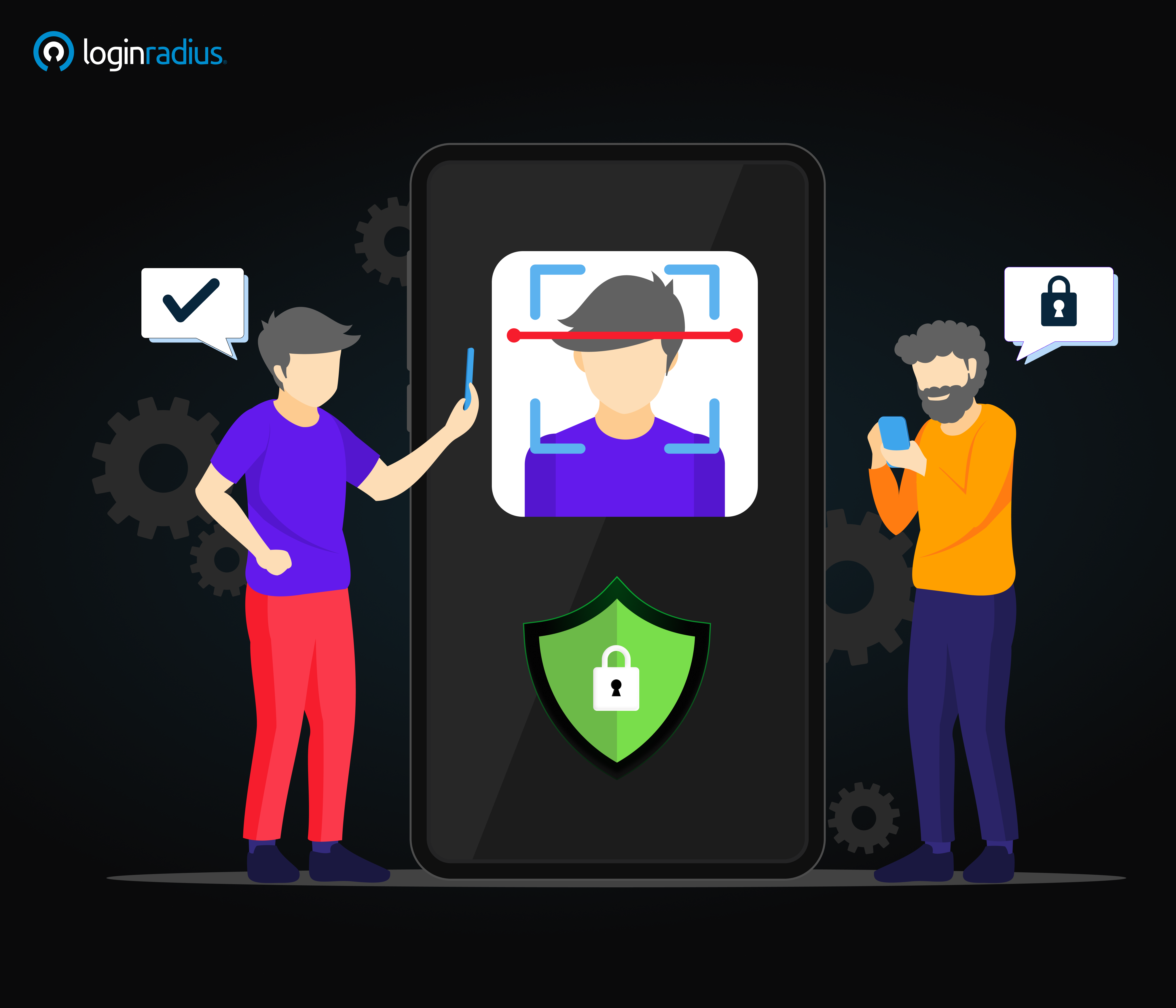 Illustration of users performing facial recognition and mobile authentication with security icons.