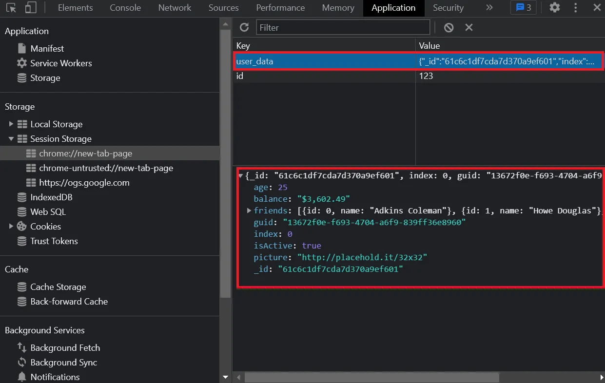 Complex JSON Data in Session Storage Example