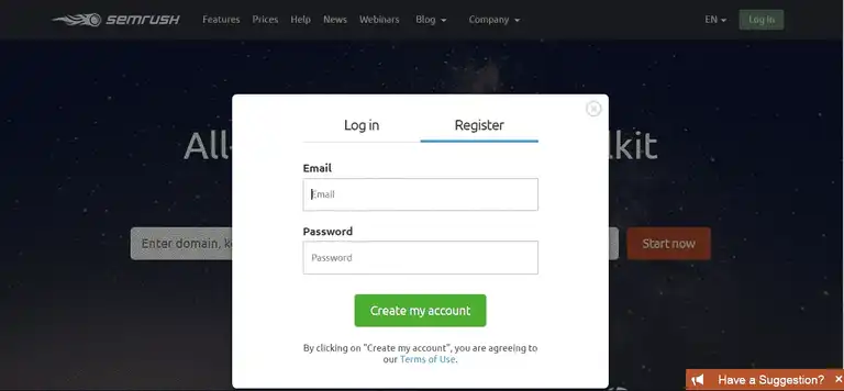 Above the fold registration form