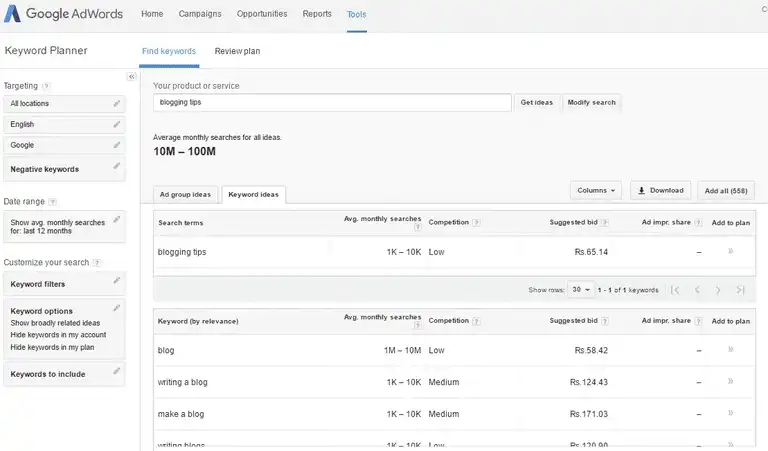 Google keyword planner
